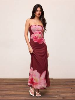 Cider - Mesh Floral Women's Strapless A-Line Maxi Dress Burgundy