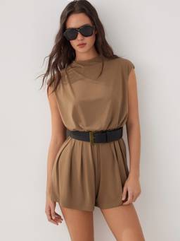 Cider - High Stretch Women’s Round Neck Belted Oversized Playsuit Tan