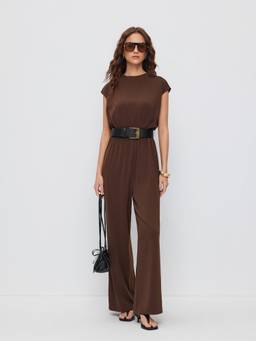 Cider - Belted Women Oversized Round Neck Wide Jumpsuit Brown