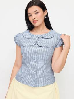 Cider - Cotton Gingham Women's Peter Pan Collar Puff Sleeve Blouse Light Blue