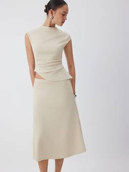 Cider - Ruched Women's Mock Neck Asymmetrical Skirt Set Beige