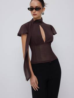 Cider - Chiffon Scarf Neck Women Cut-Out Pleated Blouse Brown