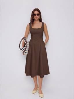 Cider - Shirred Pocket Women's Square Neck A-Line Midi Dress Brown