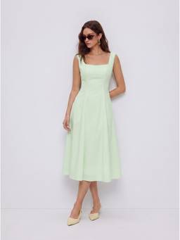 Cider - Cotton Women's Square Neck Shirred Pocket A-Line Midi Dress Green