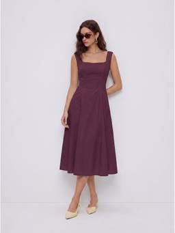 Cider - Cotton Square Neck Shirred Pocket A-Line Midi Dress Purple