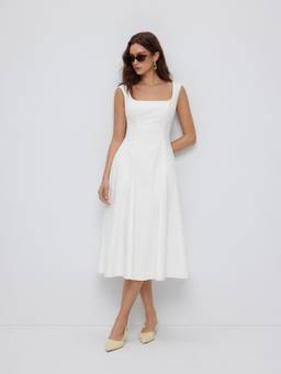 Cider - Cotton Women's Square Neck Shirred Pocket A-Line Midi Dress White