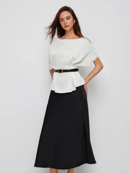 Cider - Satin Women's Batwing Sleeve Belted Skirt Set Black