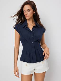 Cider - Linen-Blend Women's Pleated Button Blouse Navy Blue