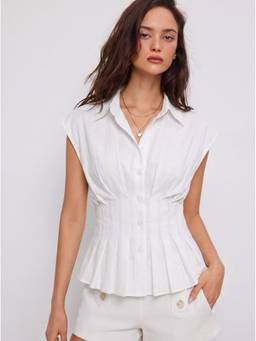 Cider - Linen-Blend Women's Pleated Button Blouse White