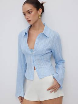 Cider - Textured Striped Women's Bell Sleeve Button-Down Shirt Blue