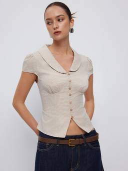 Cider - Cotton Women's Notched Collar Puff Sleeve Ruched Blouse Khaki