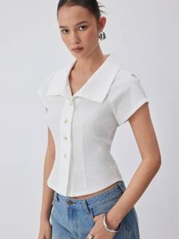Cider - Notched Collar Women's Short Sleeve Button-Through Blouse White