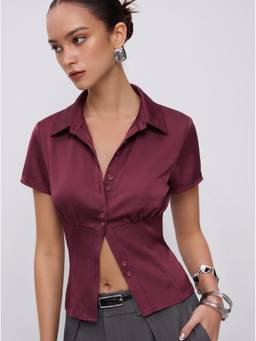 Cider - Satin Women's Ruched Corset Short Sleeve Blouse Burgundy