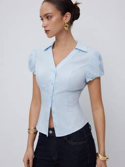 Cider - Cotton-Blend Women's Puff Sleeve Slim Crop Blouse Blue