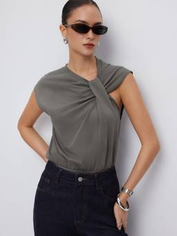 Cider - Cotton Blend Women Twist Asymmetrical Neck Bodysuit Dark Grey