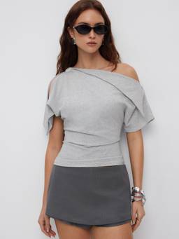 Cider - Cotton Blend Women Asymmetrical Neck Draped Button Top Grey