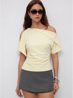 Cider - Cotton Blend Women Asymmetrical Neck Draped Top Yellow