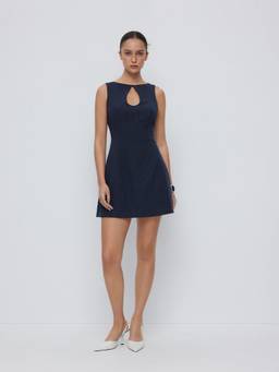 Cider - Striped Women's Cut-Out Boat Neck A-Line Mini Dress Navy Blue