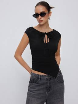 Cider - Textured Women Cut-Out Drawstring Ruched Asymmetrical Hem Top Black