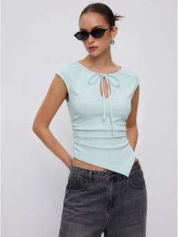 Cider - Textured Women Cut-Out Ruched Asymmetrical Hem Top Light Blue