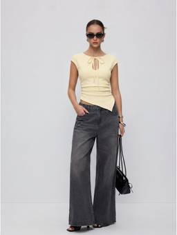 Cider - Textured Women Cut-Out Drawstring Ruched Asym Hem Top Yellow