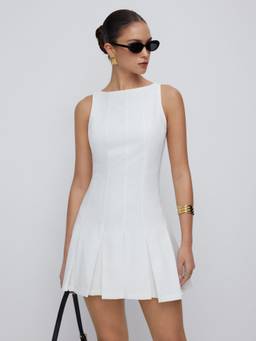 Cider - Linen-Blend Women’s Boat Neck Pleated A-Line Mini Dress White