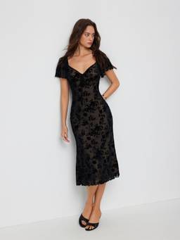 Cider - Mesh Flocking Women's Floral Sweetheart Ruffle Sleeve Midi Dress Black