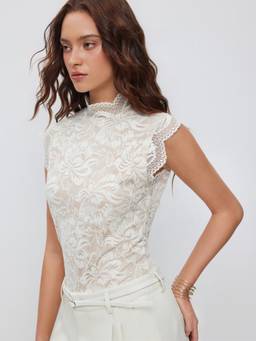 Cider - Floral Lace Women Sleeveless High Neck Bodysuit Cream