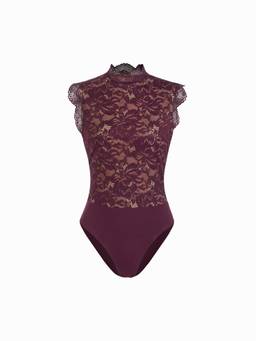 Cider - Floral Lace Women’s Sleeveless Stand Collar Bodysuit Purple