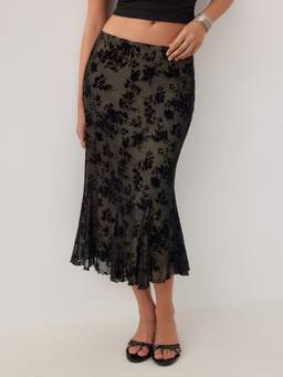 Cider - Mesh Women's Floral Mid-Rise Mermaid Midi Skirt Black