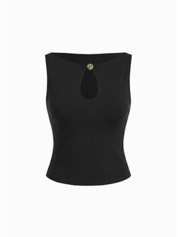 Cider - High Stretch Women’s Cut-Out Boat Neck Crop Tank Top Black