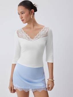 Cider - Cotton Blend Women Lace Panel V-Neck Bell Sleeve Top White