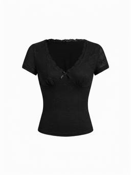 Cider - Jacquard Floral Women Lace Panel V-Neck Crop Top Black