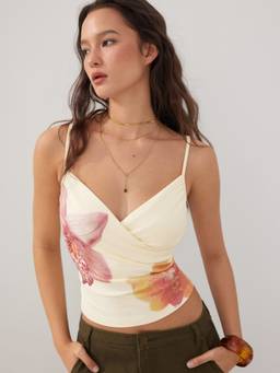 Cider - Floral Women's Ruched Wrap V-Neck Cami Top Beige