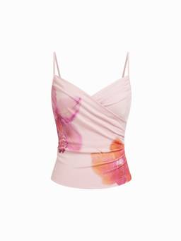 Cider - Floral Women's Ruched Wrap V-Neck Cami Top Pink