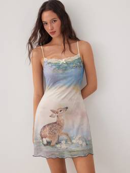 Cider - Mesh Deer Graphic Women's Lace Trim Scoop Neck Mini Dress Blue