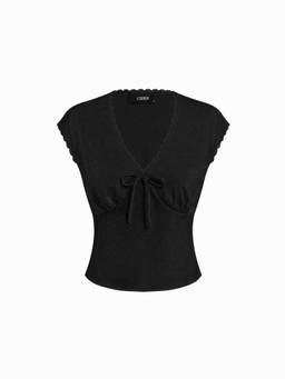 Cider - Lace Trim Women Ruched V-Neck Crop Blouse Black
