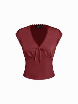 Cider - Lace Trim Women's Ruched V-Neck Crop Blouse Wine