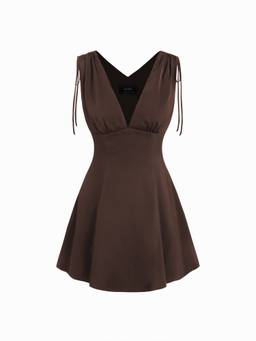 Cider - Satin Women's V-Neck Drawstring A-Line Mini Dress Brown