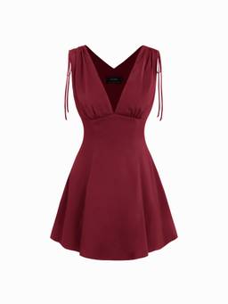 Cider - Satin Women's V-Neck Drawstring A-Line Mini Dress Wine