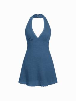 Cider - Textured Women's Halter Neck Lace Trim A-Line Mini Dress Blue