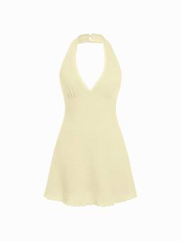 Cider - Textured Women's Halter Neck Lace Trim A-Line Mini Dress Yellow