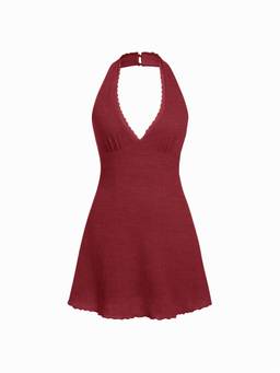 Cider - Textured Women's Halter Neck Lace Trim A-Line Mini Dress Wine