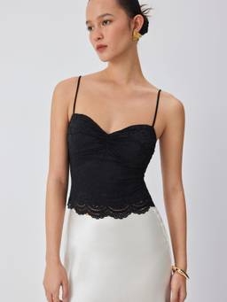 Cider - Lace Women's Ruched V-Neck Crop Top Black