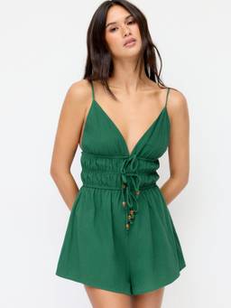 Cider - Cotton Women's V-Neck Ruched Drawstring Playsuit Green