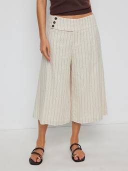 Cider - Linen-Blend Women Low Rise Striped Wide Leg Capris Beige