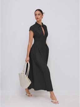 Cider - Stand Collar Women's Tie-Neck Draped Pocket Flared Maxi Dress Black