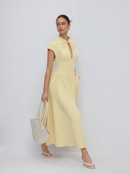 Cider - Tie-Neck Women Draped Pocket Flared Maxi Dress Yellow