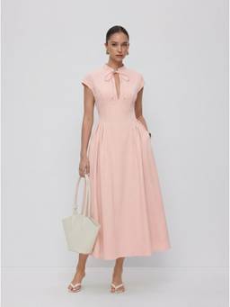 Cider - Tie-Neck Women Draped Pocket Flared Maxi Dress Pink