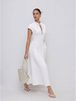 Cider - Tie-Neck Women Draped Pocket Flared Maxi Dress White